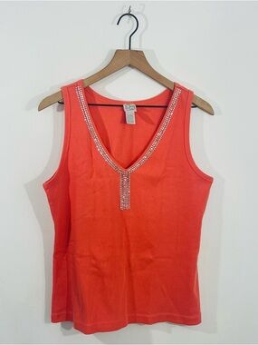 Stretch Orange Coral Pullover V Neck Stretchy Tank Top Beautiful Bedazzled Neck